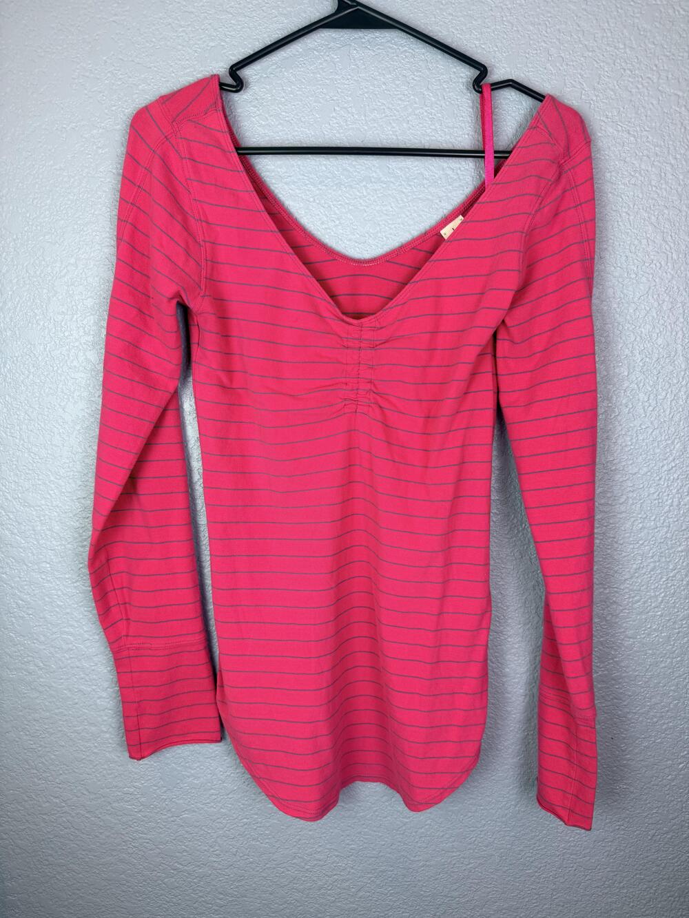 Free People Shirt Womens Large Pink Stripe V Neck Long Sleeve Top Stretch